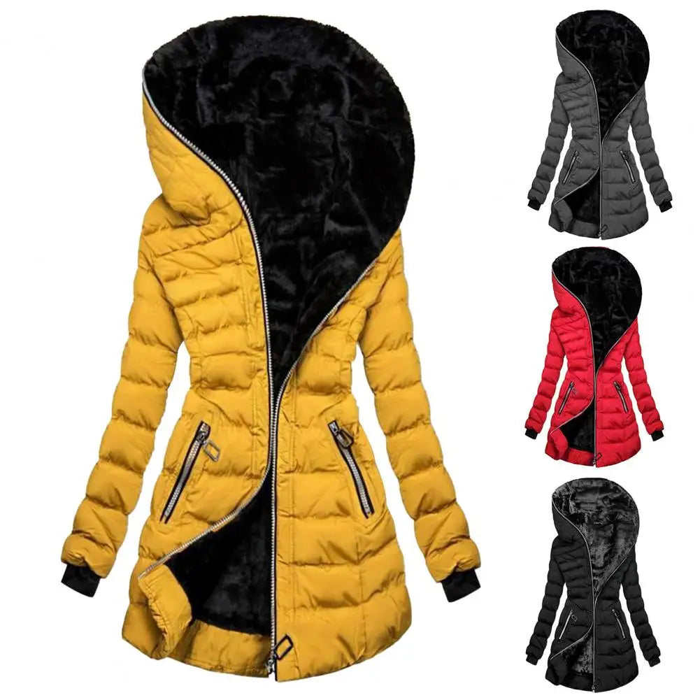 Women's Hooded Long Sleeve Cotton-padded Fleece-lined Winter Jacket Medium-length Zip-up Coat Warm Stylish
