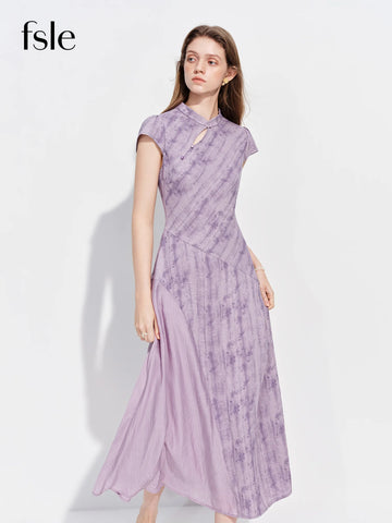 FSLE 2026 Spring Women's New Chinese Style Watercolor Print Dress Cap Sleeve - Flowy A-Line Knee-Length Dress for Casual