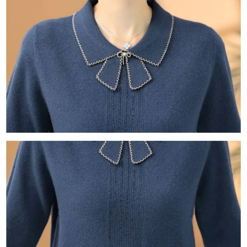 Autumn Winter Women's Pullover Turn-down Collar Solid Rhinestone Embroidered Long Sleeve Sweater Knitted Casual Elegant Tops