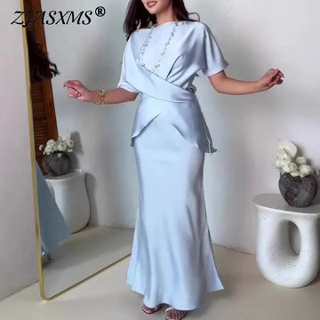 Elegant Solid Slim Satin Party Outfit Woman Spring Sexy Slash Neck Lace-up Top & Long Skirt Set Summer Short Sleeve Commute Suit