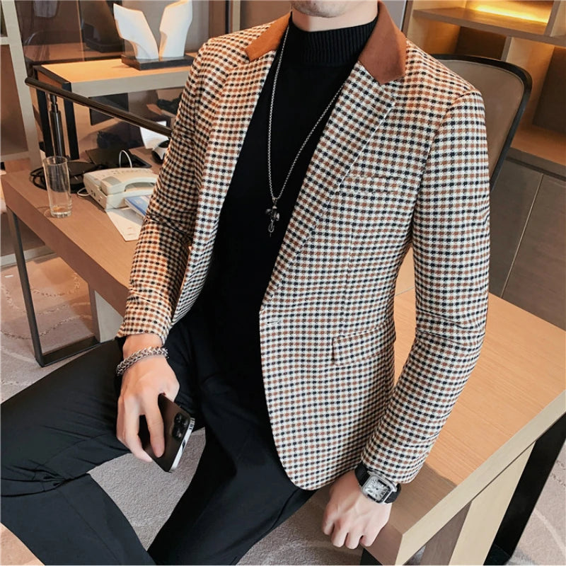 Suit Men's British Style Slim Elegant Fashion Business Casual Dress Tuxedo Spliced Collar Plover Case Blazer Jacket