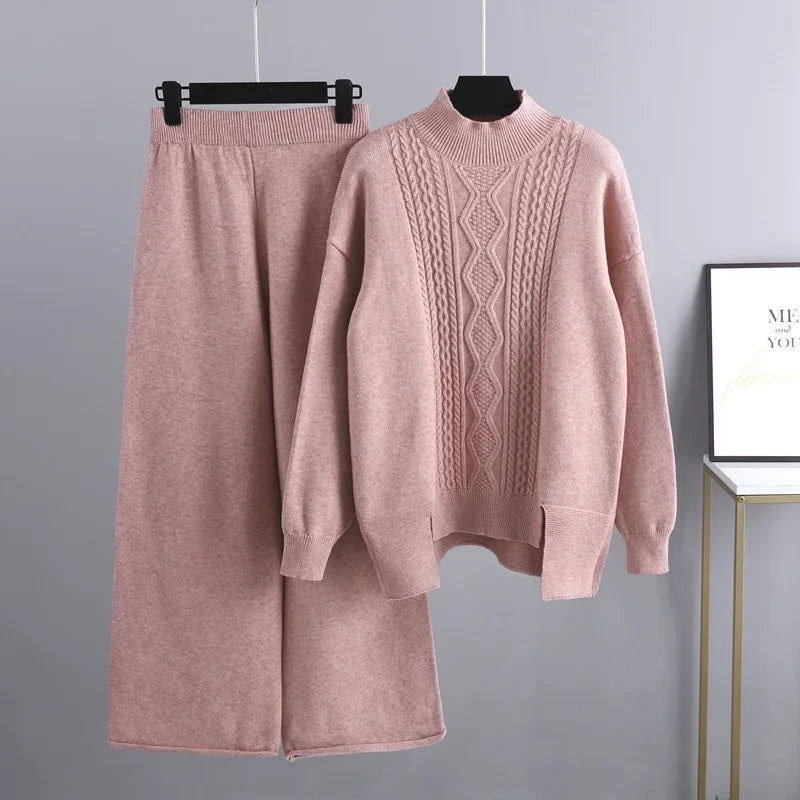 Fall Winter Knitted 2 Piece Sets Women Turtleneck Knitwears Pullover Sweate Tops Outfit Elastic High Waist Sweatpants Conjuntos
