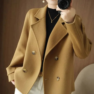 Short Faux Woolen Coat Women Spring Autumn New Fashion Suit Collar Double Breasted Wool Jacket Female Casual Loose Clothes T1375