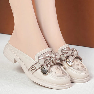 Loafers Baotou Half-Slippers Women'S Single Shoes 2023 New Summer Women'S Shoes Bowknot Hollow Mesh Outer Wear Sandals Fashion