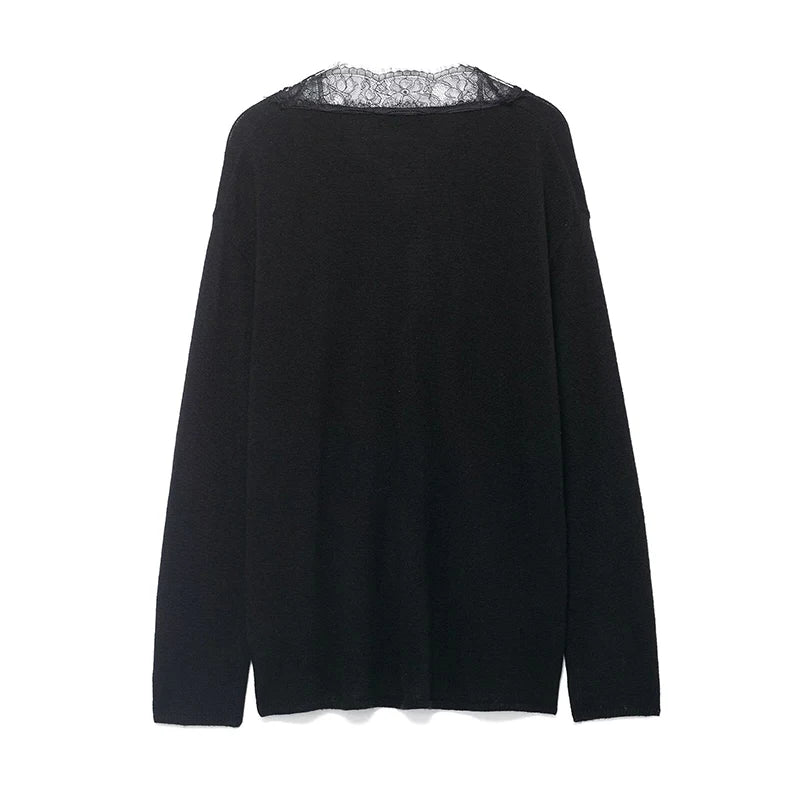 Autumn Winter Chic Knitted Pullover Women Elegant Lace Splicing V neck Sweater Casual Long Sleeve Female Elegant Knitwear Top