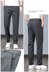 Summer Thin Plaid Formal Stretch Pants Men Slim Business Grey Black Casual Pant Fashion Male Clothing England Trousers