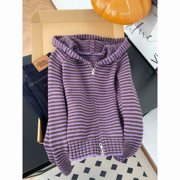 Japanese Y2K Harajuku Hot Girl Retro Contrast Striped Knitted hoodie Autumn/Winter Women Loose Casual Zipper Sweater emo