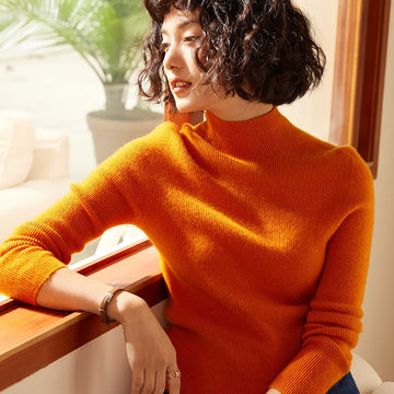 Autumn/Winter New 100% Pure Cashmere Sweater Women's Knitted Half High Neck Pullover Slim Fit Base Style Sweater Versatile Tops