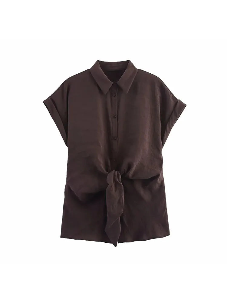 Women Casual Women Pant Set Vintage Brown Knot Short Sleeve Shirt Elastic Waist Trousers Summer Fashion Simple Women Set