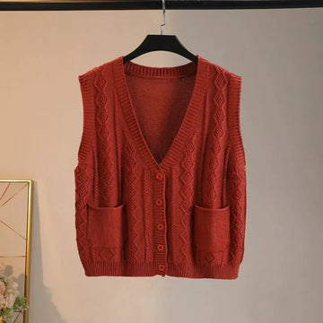 Sspring Autumn Knitted Sweater Vest Women New Fashion V-Neck Pockets Cardigan Knitwear Sleeveless Jacket Female Waistcoat T1116