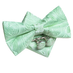 Hi-Tie Silk Mens Bow Tie Hanky Cufflinks Set Sage Mint Grass Teal Green Pre-tied Butterfly Knot Bowtie for Male Wedding Business