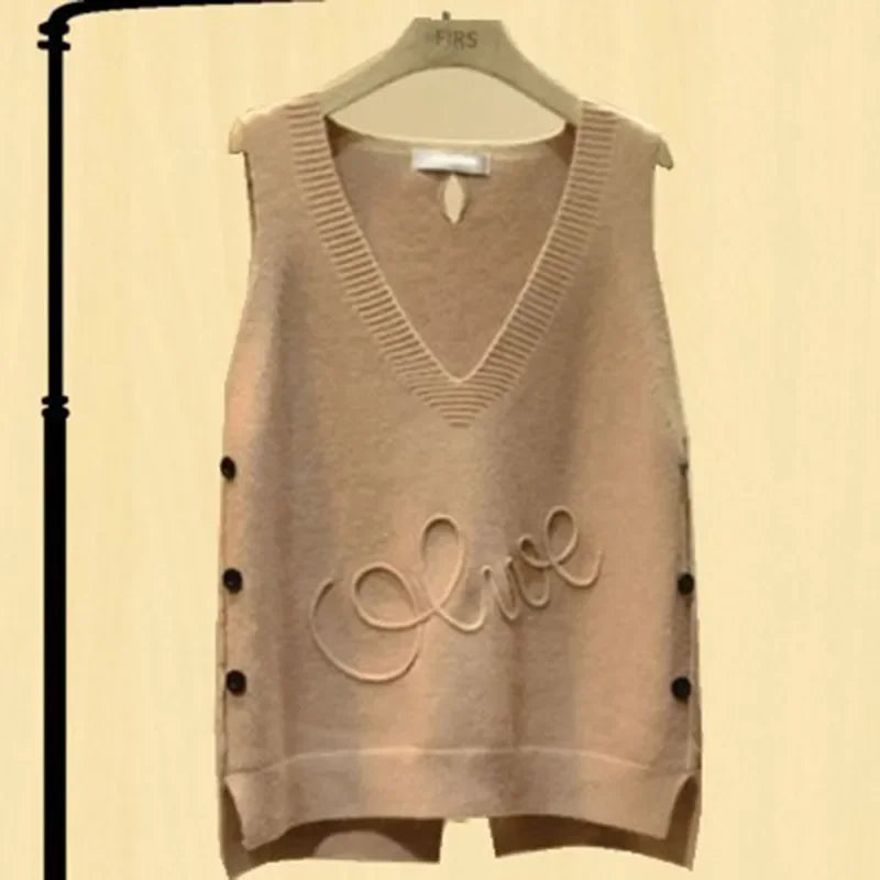Fashion V-Neck Button High Low Vest Sweater Women Clothing Autumn Knitted Pullover Sleeveless Jacket Loose Waistcoat Tops T1234