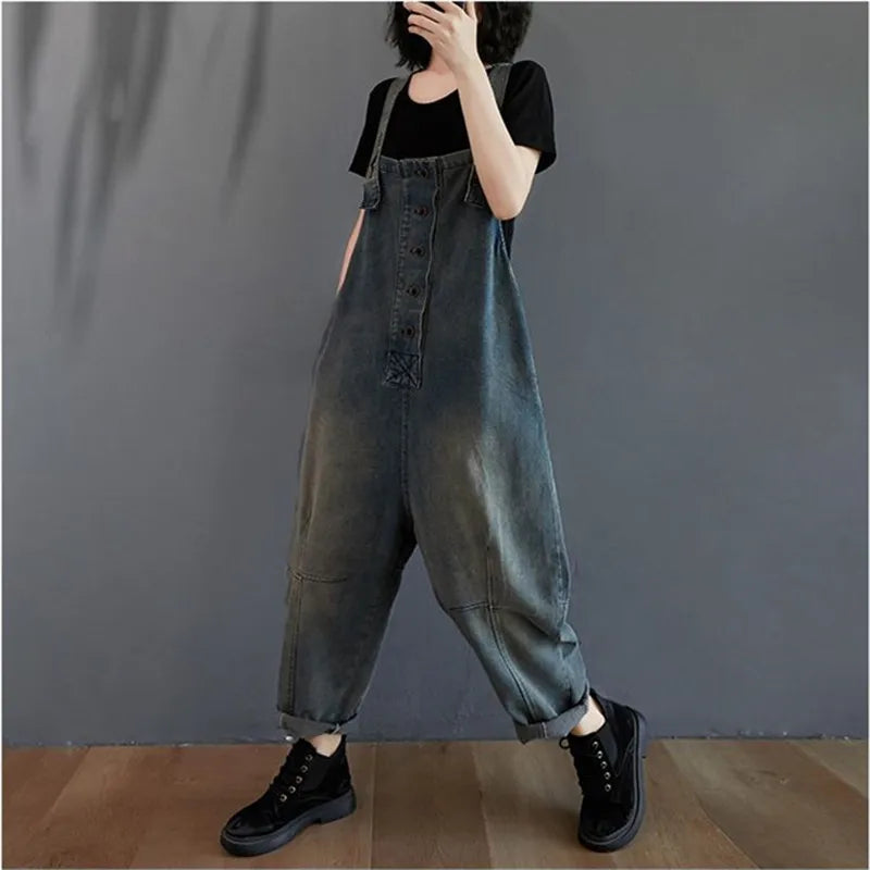 2025 New Denim Overalls Sleeveless Rompers Jumpsuits Spliced Jumpsuit Patchwork Casual Female Loose Pockets Radish Pants T1300