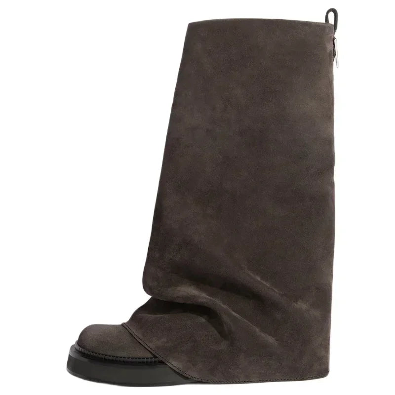 Women's Chunky Leather Flats & Knee Boots - Square Toe Loose Fit Spring-Autumn Casual Shoes with Pleated Pants