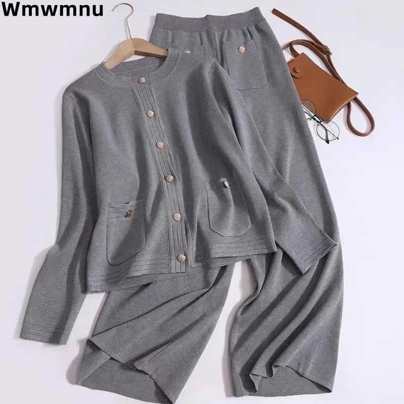 New Single Breasted Cardigan Tops Conjuntos  Korea High Waist Wide Leg Pants Outfit Classic Casual Women Knitted 2 Piece Sets