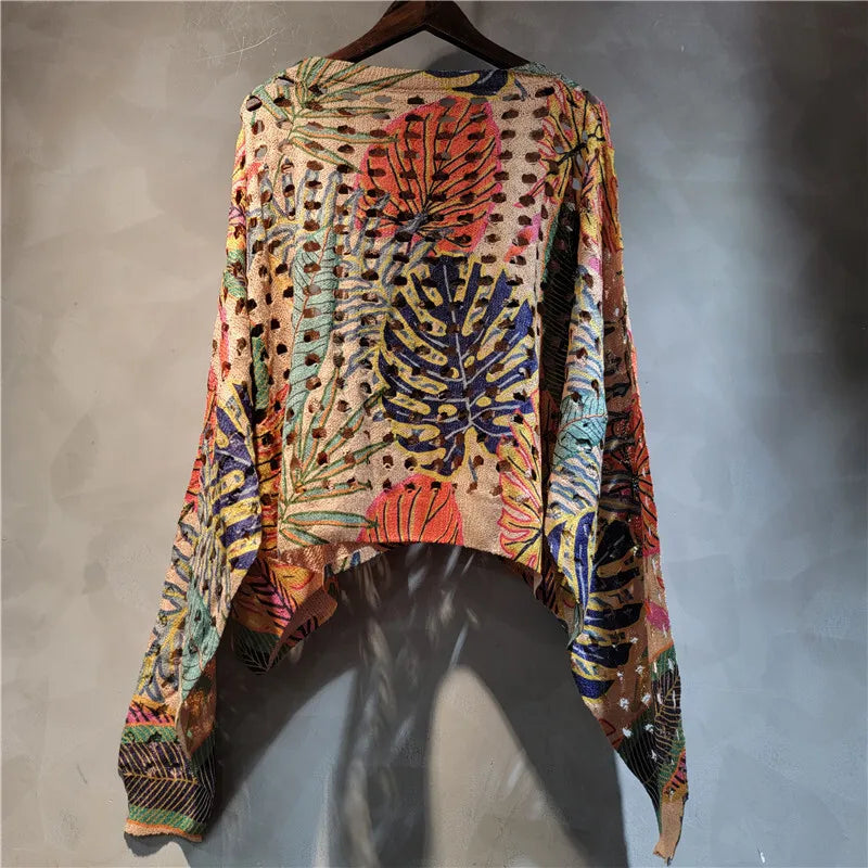 WTHT Fashion Women's Irregular Print Hollow Out Design Sweater Trendy O-neck Long Sleeves Pullovers Female 2025 Summer 1LS1640