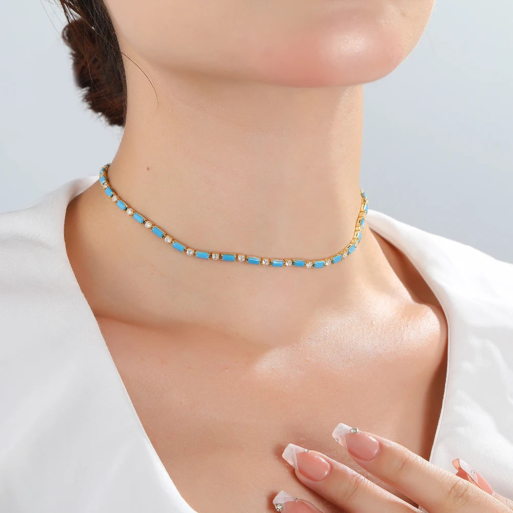 Waterproof Choker Iced Out Tennis Chain Necklace Bracelet For Women Luxury Cubic Zircon Crystal Hiphop Accessories Jewelry Set