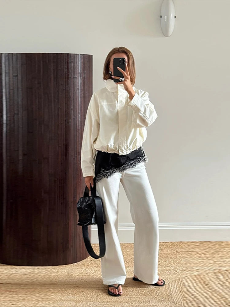 Casual Solid Stand Collar Coats Women All-matching Long Sleeve Drawstring Coat Female 2025 High Street Autumn Lady Outwears
