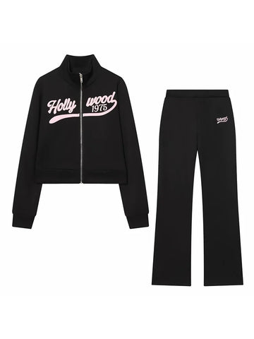 Women 2025 Autumn New Black Sports Pants Sets Embroidered Text Zip-up Sweatshirt Matching Flare Fleece Pants