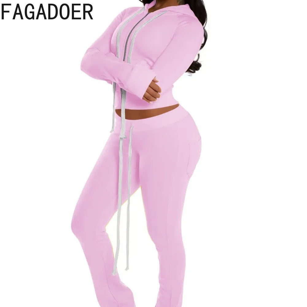 FAGADOER Casual Sporty Velvet 2 Pieces Set for Woman Zip Long Sleeve Drawstring Hooded Top and Pants Outfits Female Streetwear