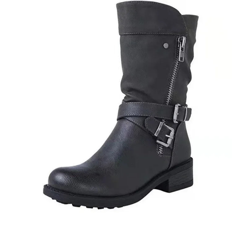 Shoes Women's Leather Boots Retro Belt Buckle Mid Calf Boots Round Toe 2023 New Water Proof Casual  Boots Women Botas De Mujer