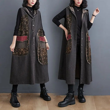 Fashion Hooded Denim waistcoat Women 2025 autumn new Sleeveless jacket big Pockets Vintage Print loose jeans Vest outerwear R569
