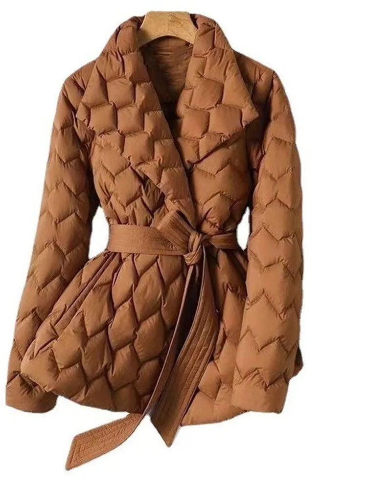 Lightweight Down Jacket With Belt Women Elegant Tie Belt Long Cotton White Duck Down Parka Female Ladies Jackets Winter Coats