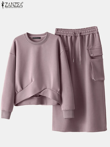 ZANZEA Daily Wear Elastic Waist Skirt Dress Sets Casual Spring Loose Solid Skirt Suits Women Knotted Hem Sweatshirt 2pcs Outfits