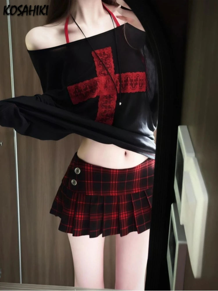 2026 Y2k Aesthetic Sun Protection Tops Harajuku Casual Cross Patchwork Grunge Tshirts Women Streetwear Oversized Vintage T-shirt