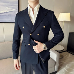 2023 (Blazer+ Pants) Men's Metal Fashion Business Double-breasted Korean Version Casual Gentleman Wedding Suit 2-piece Set