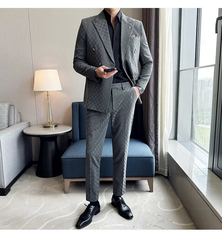 (Jacket+Pants) 2 Pieces Blue Apricot Business Party Men Suits Double Breasted Formal Style Custom Made Wedding Groom Tuxedos