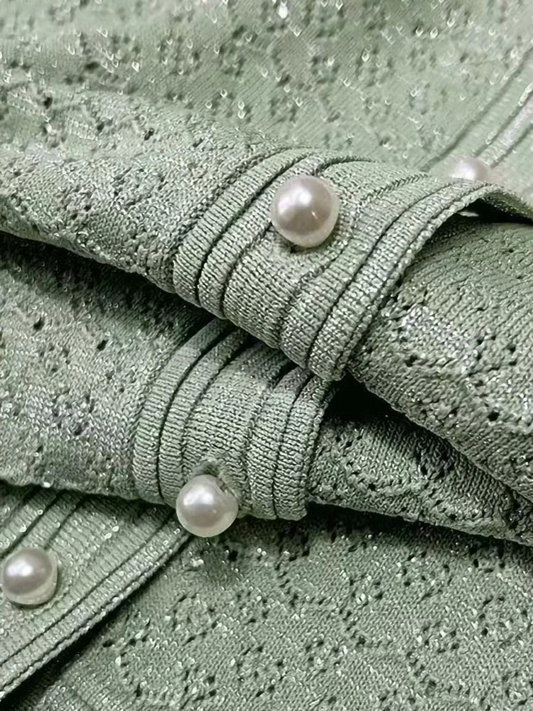 Spring Summer New Fashion Temperament Knit Long Dress Women Elegant Pearl Button O-neck Short Sleeve Slim Robe Ladies