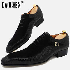 Luxury Men Oxford Shoes Lace up Split Toe Coffee Black Formal Men Dress Shoes Suede Patchwork Crocodile prints Leather Shoes Men