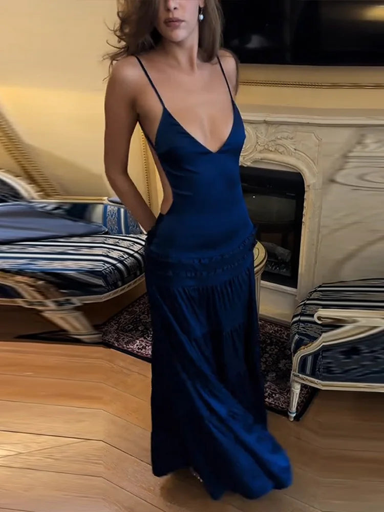 Elegant Suspender Sleeveless Backless Party Dress Blue V-neck Ruffles Spliced Long Dresses Sexy Lady New Year Evening Robes