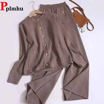 New Single Breasted Cardigan Tops Conjuntos  Korea High Waist Wide Leg Pants Outfit Classic Casual Women Knitted 2 Piece Sets