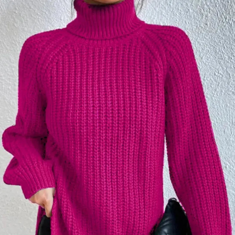 Autumn and Winter Women's Pullover High Neck Solid Screw Thread Medium Length Knitwear Long Sleeve Sweater  Casual Bottom Tops