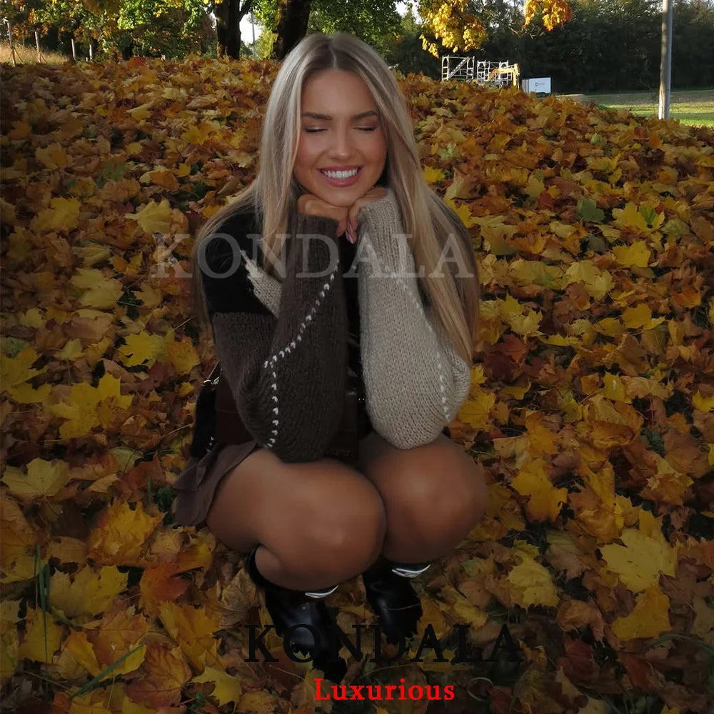 KONDALA Vintage Plaid Knit Sweaters Women Long Sleeve O Neck Loose Thick Tops Fashion 2025 Autumn Winter Thick Warm Sweaters