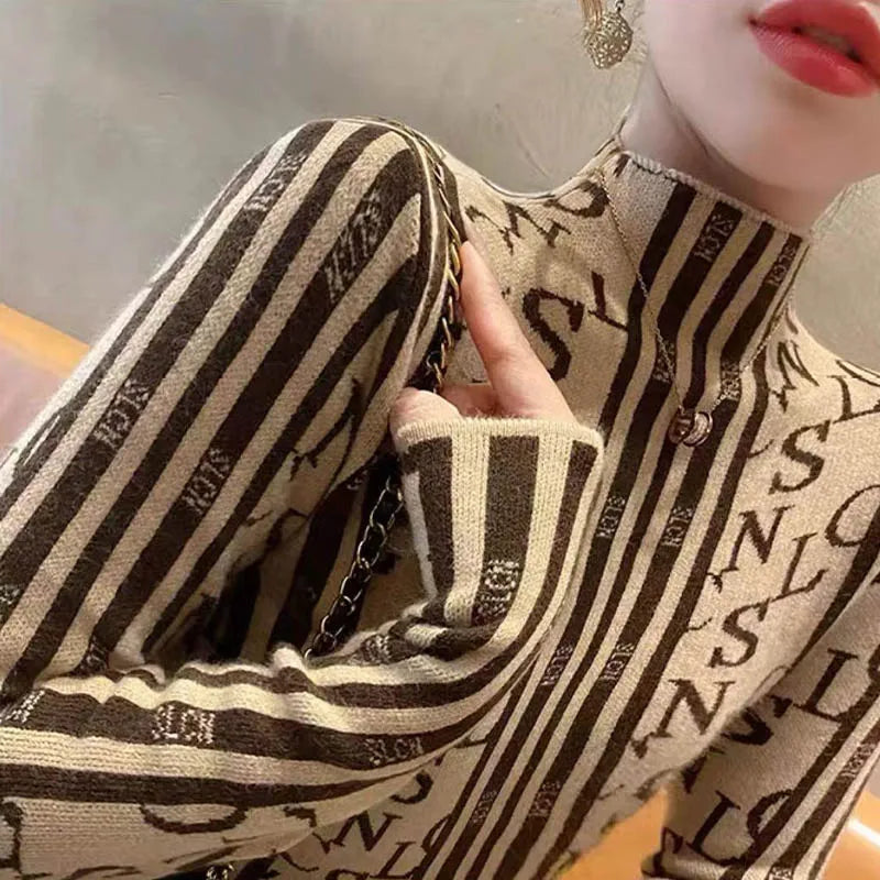 Women Clothing Fashion Striped Letter Knit Pullovers Autumn Winter Elegant All-match Mock Neck Long Sleeve Sweaters Slim Y2K Top