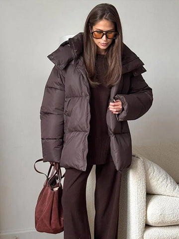 2025 Women's Winter Thick Warm Cotton Parka Coat with Hood Loose Stand Collar Long Sleeve Casual Commuter Outerwear for Ladies