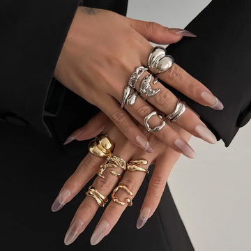 6pcs Set Personality Fashion Geometry Metal Liquid Lava Smooth Water Drop Hug Opening Rings for Women Designer Jewelry Gifts
