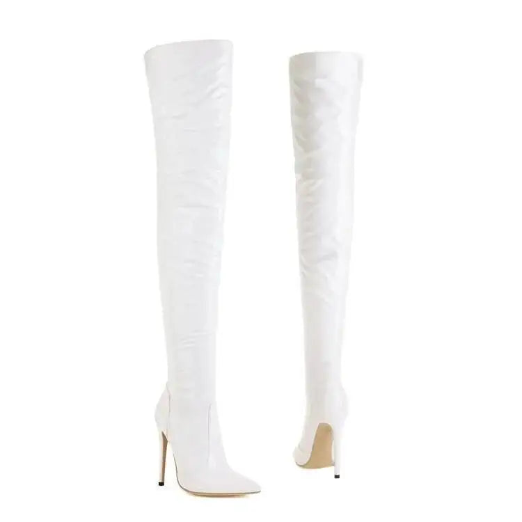 Sexy Stiletto Heels Patent Leather Women Knee High Boots White Boots Big Size 34-46 With Side Zip