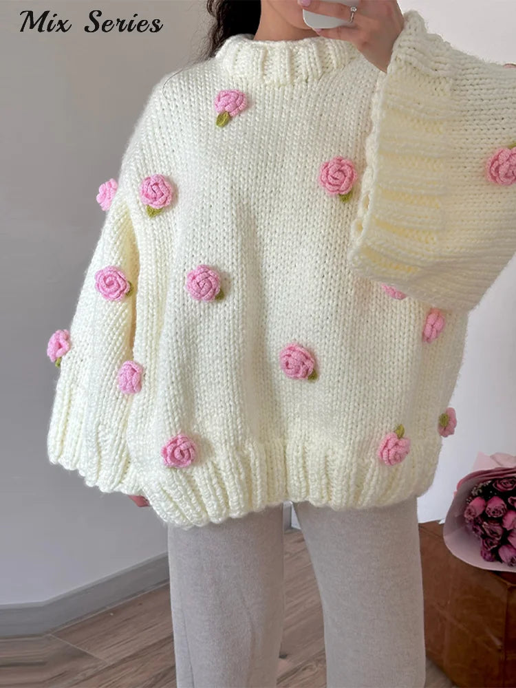 Elegant 3D Flower Knit Pullover Women's O-neck Oversize Long Sleeves Sweater 2026 Spring New Lady Fashion Sweet Knitwears