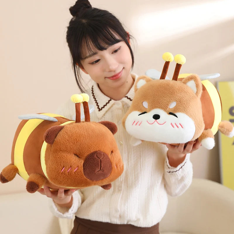 35//50CM Cosplay Bee Capybara with Honey Jar Plush Toy Stuffed Flying Wings Shiba Inu Dog Plush Pillow for Birthday Gift