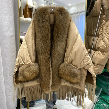 European Fashion Goose down Winter Jacket for Women Real Raccoon Fur Collar Trendy Streetwear Cloak Coat 2025