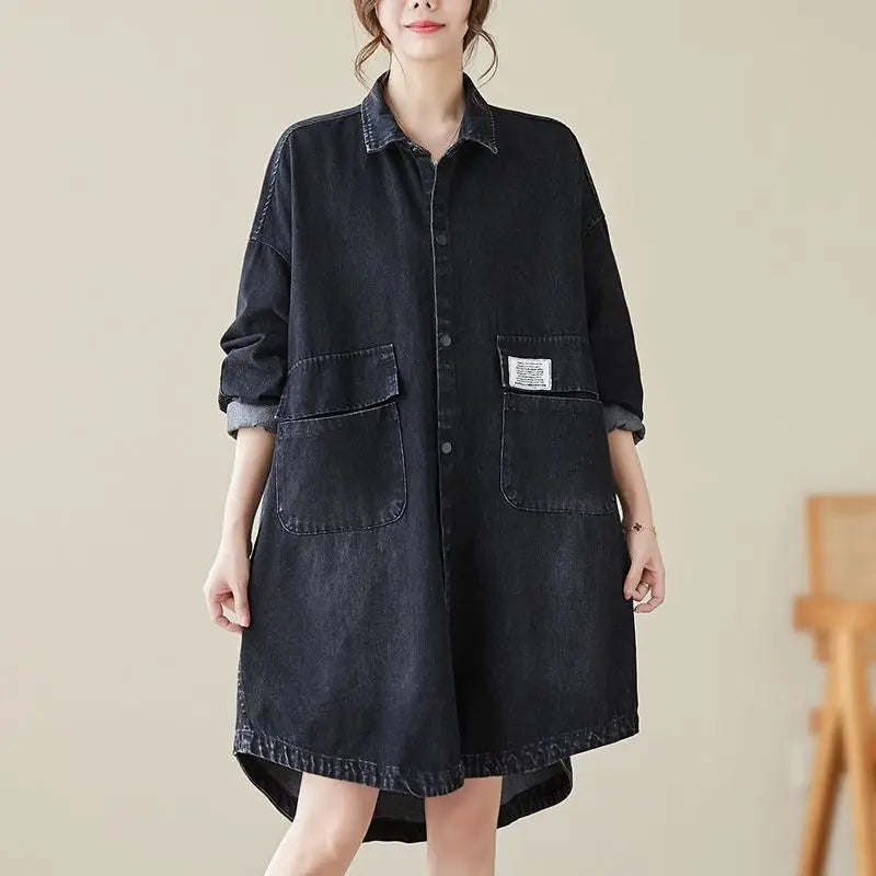 Korean 2025 Autumn Winter Denim Windbreaker Women Fashion Literary Vintage Temperament Jeans Coat Female Loose Outerwear R558