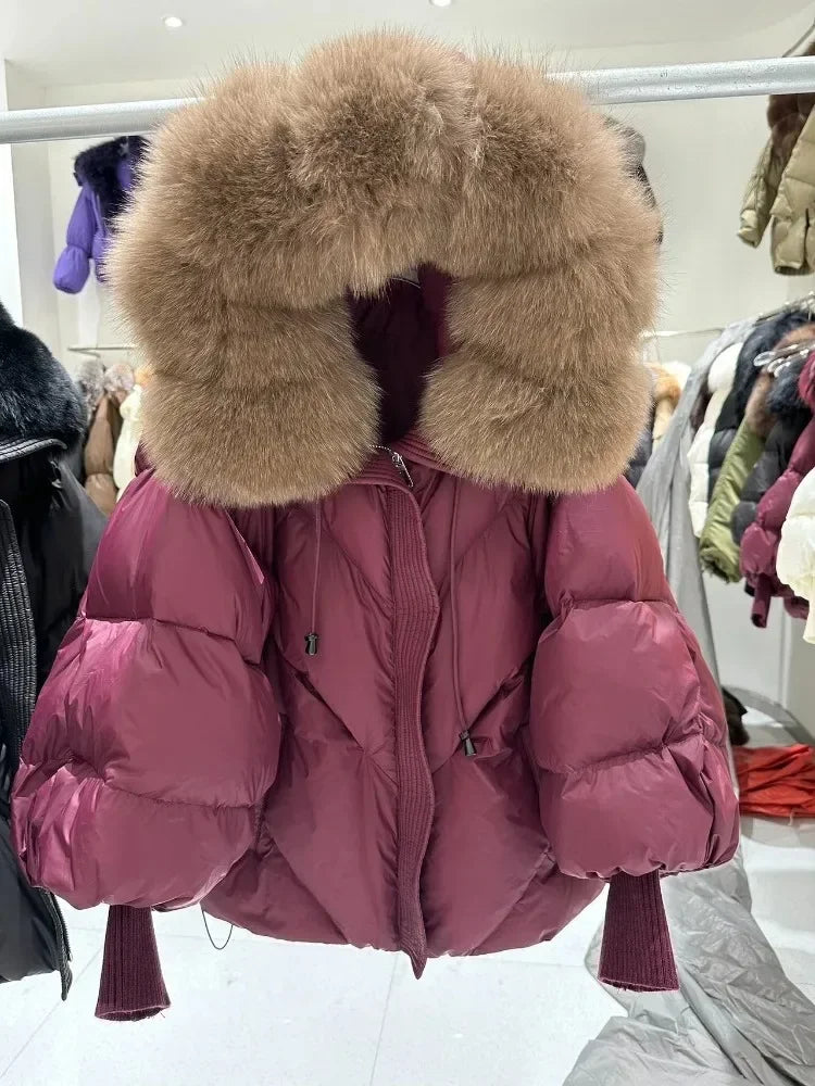 Down Coat New Winter Large Real Fur Hooded Puffer Jacket Women Thick Fox Fur Warm Knitted Sleeve White Duck Down Jacket Parka