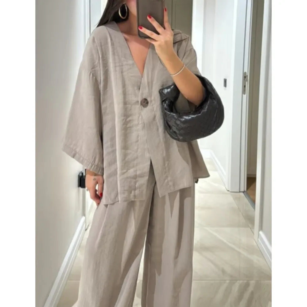 Women'S Classic Solid Wide Leg Pants Suits Summer Fashion V Neck One Button Loose Blouse Sets Casual Female Daily Streetwear2025