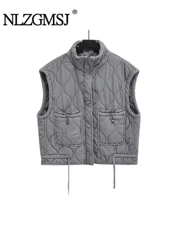 Nlzgmsj Autumn Winter Women Standing Collar Light weight Sleeveless Cotton Coat Vest Women Pocket Decoration Tank Top