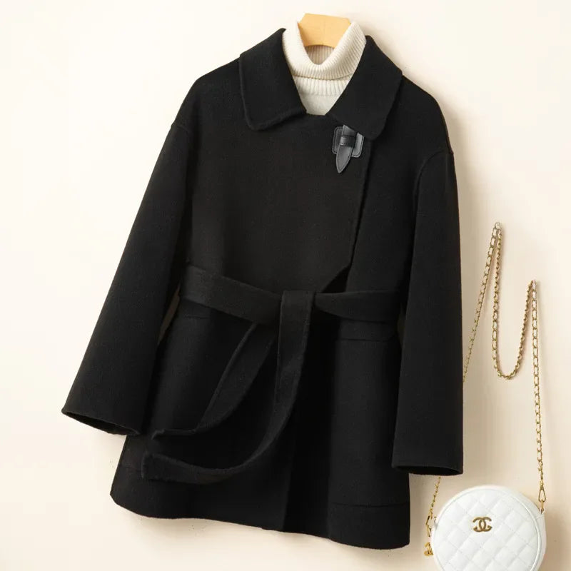 Autumn Winter New Double-Sided Cashmere Coat Women Fashion Doll Collar Leather Buckle Loose Lace-uUp Woolen Jacket Female T1494