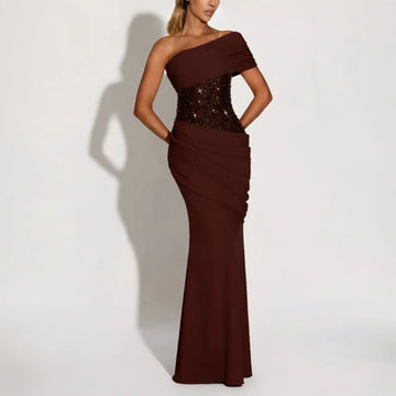 Suninheart One Shoulder Evening Dress for Women Elegant Draped Sequins Dress Long Back Lace Up Mermaid Maxi Party Dress